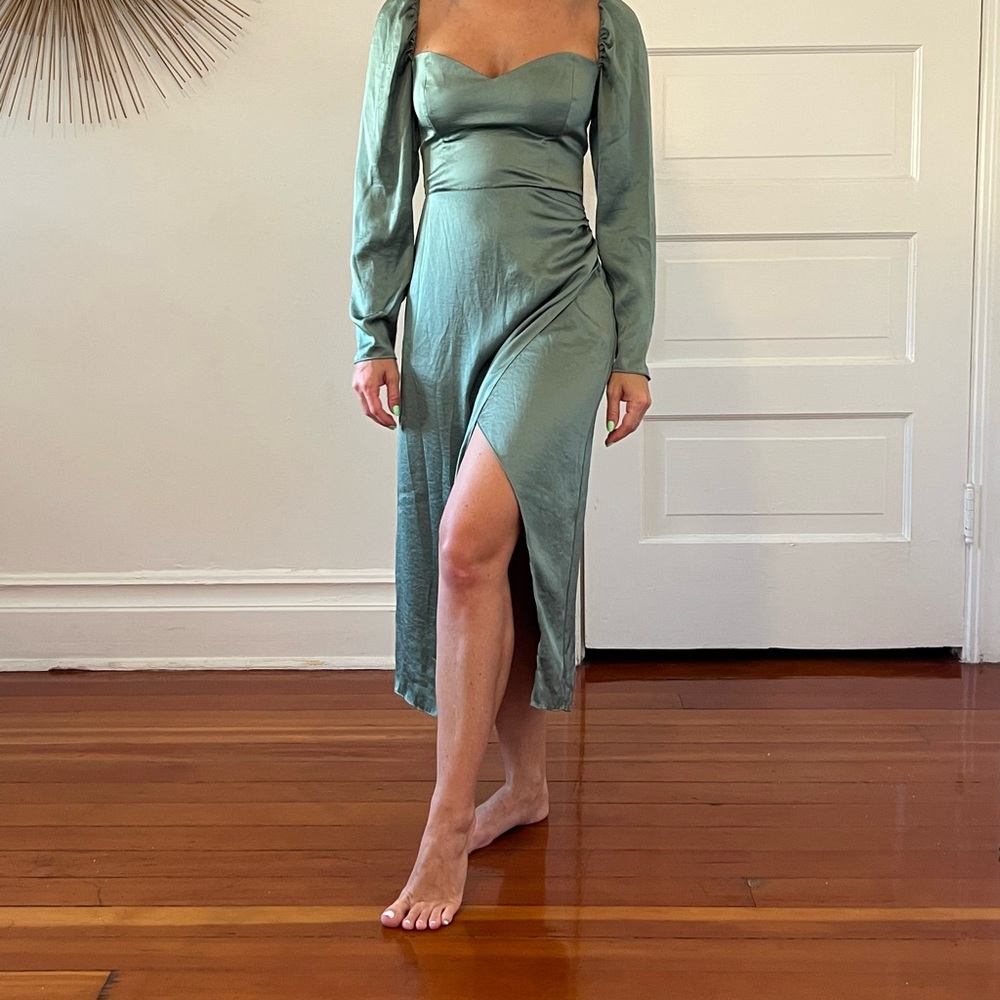 Aritzia green bias cut silk midi dress